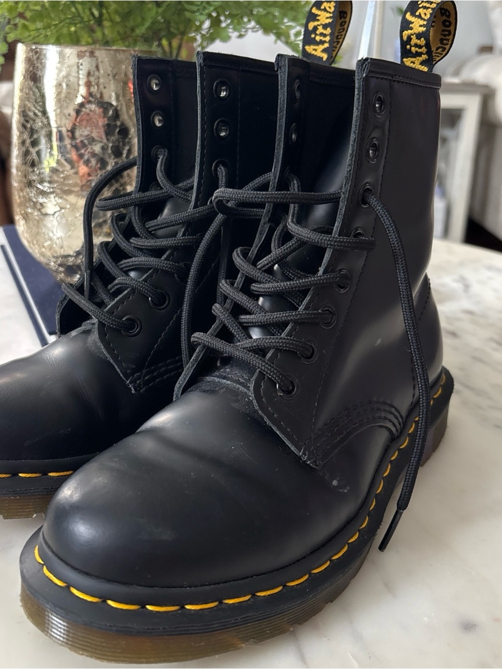 Dr. Martens Black Leather 8-Eye Lace-Up Combat Boots with Yellow Welt Stitching